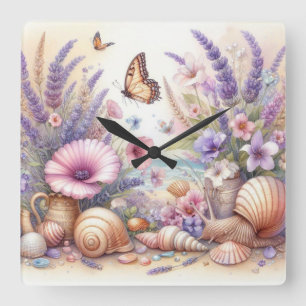 Reloj Cuadrado Flores y conchas acuáticas en colores pastel