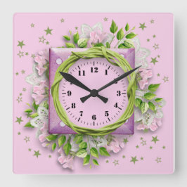 Reloj Cuadrado Flores y estrellas rosadas