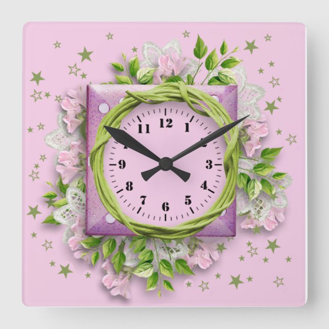 Reloj Cuadrado Flores y estrellas rosadas (Anverso)