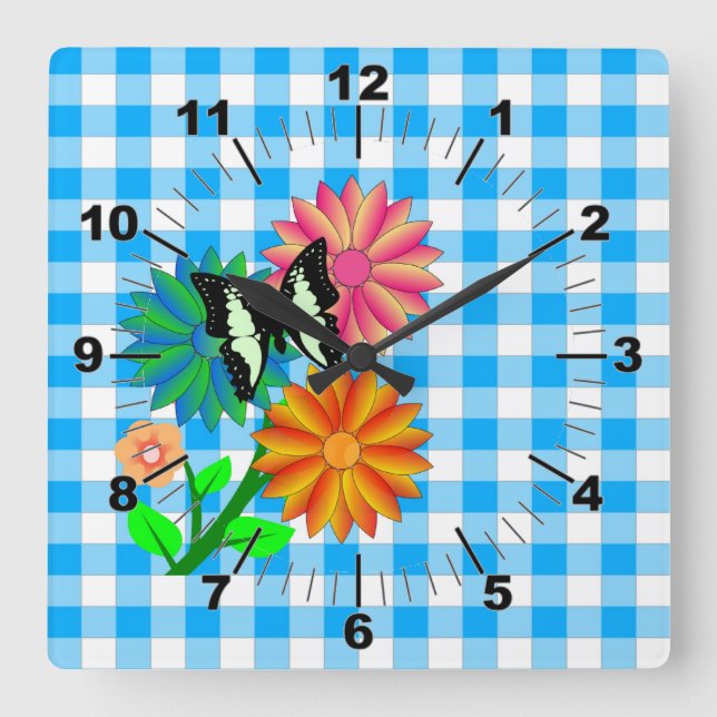 Reloj Cuadrado Flores y mariposa en azul Vicky (Anverso)