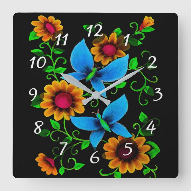Reloj Cuadrado Flores y mariposas (Anverso)