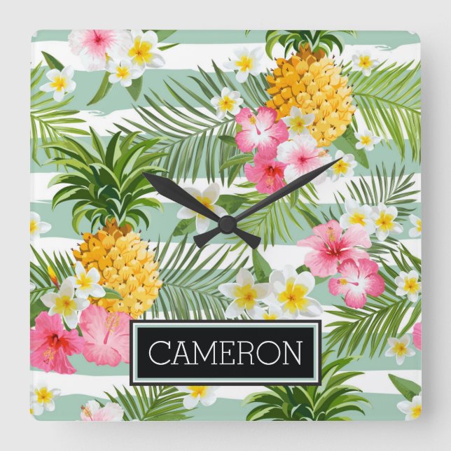 Reloj Cuadrado Flores y rayas Verde azuladas de piña | Añadir su  (Anverso)