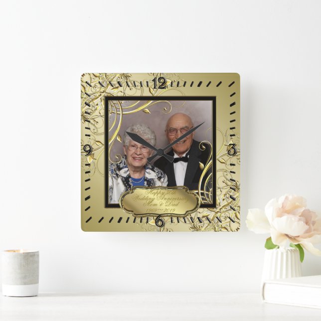 Reloj Cuadrado Flourish Gold Black 50th Aniversario del Boda (Hogar)