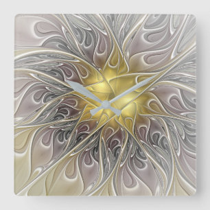 Reloj Cuadrado Flourish With Gold Modern Abstract Fractal Flower