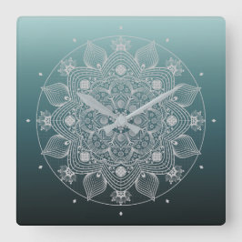 Reloj Cuadrado Flowers, Leaves, White Lace Floral Mandala on Teal