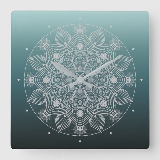 Reloj Cuadrado Flowers, Leaves, White Lace Floral Mandala on Teal (Anverso)