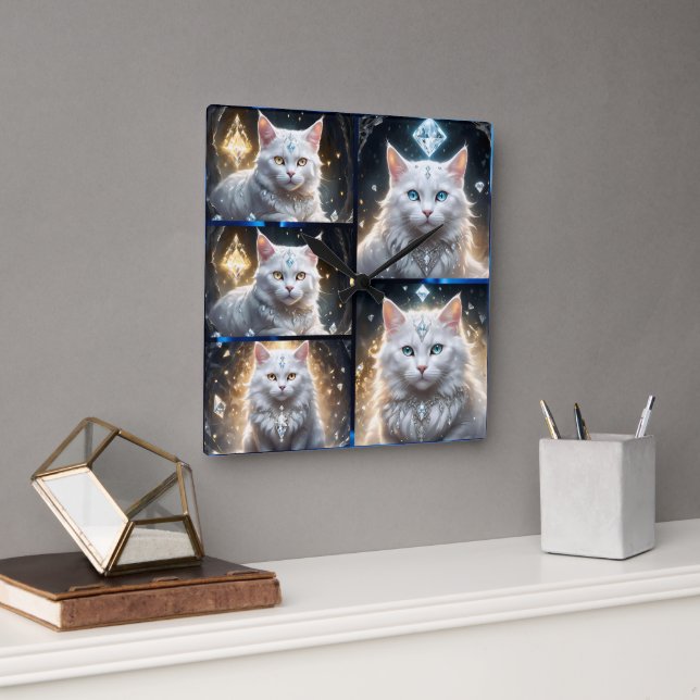 Reloj Cuadrado Fluffy Persa Cat Collage de fotos (Oficina)
