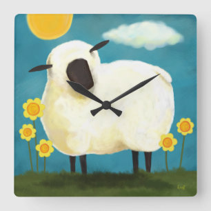 Reloj Cuadrado Fluffy White Sheep & Flowers Wall Clock