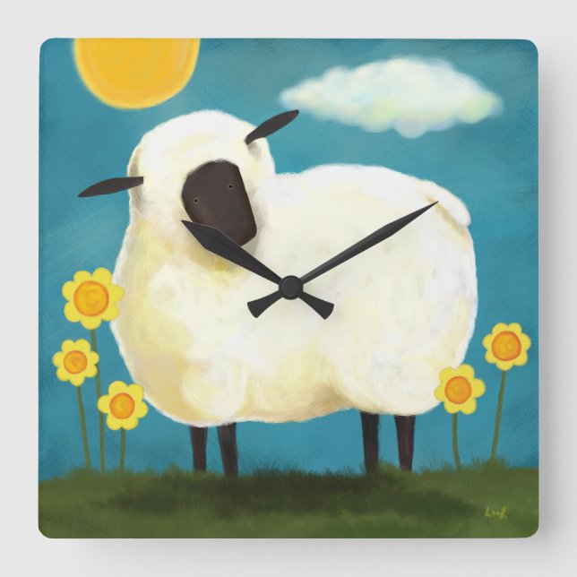 Reloj Cuadrado Fluffy White Sheep & Flowers Wall Clock (Anverso)