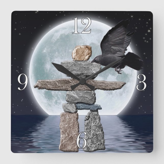Reloj Cuadrado Flying Crow, Inukshuk y Full Moon Photo Art (Anverso)