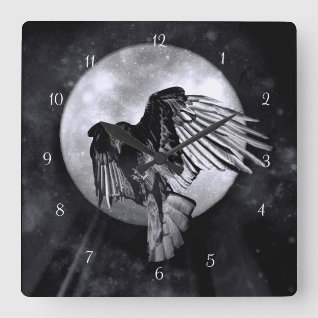 Reloj Cuadrado Flying Raven o Crow and Moon Gothic (Anverso)