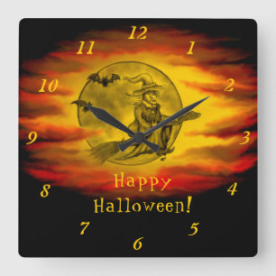 Reloj Cuadrado Flying witch with black cat , halloween night