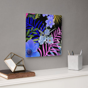 Reloj Cuadrado Foliage botánico de Fern floral colorido retro