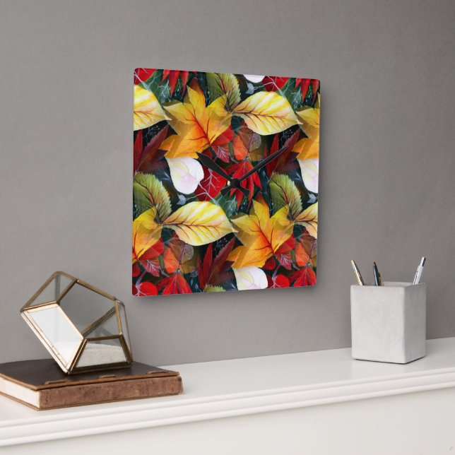 Reloj Cuadrado Foliage efímero otoñal en acuarela Vivid Bold (Oficina)