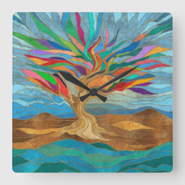Reloj Cuadrado Foliage Fantasy Mosaic Tree (Anverso)