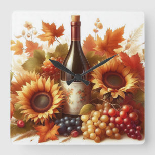 Reloj Cuadrado Foliage otoñal, girasoles, uvas y vino