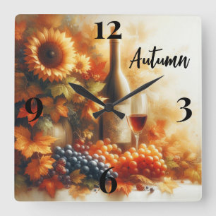 Reloj Cuadrado Foliage otoñal, girasoles, vino y uvas