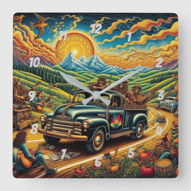 Reloj Cuadrado Folk Art Road Trip (Anverso)