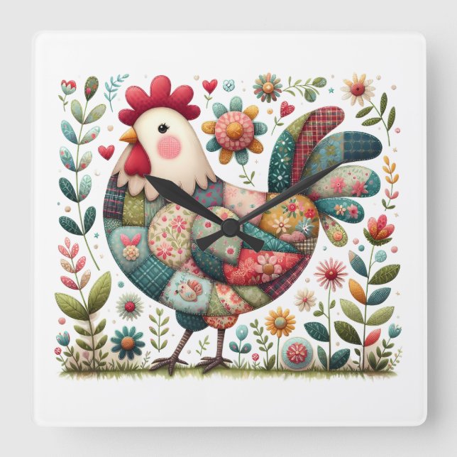 Reloj Cuadrado Folk Patchwork Rooster with Floral Accents (Anverso)