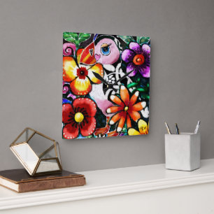 Reloj Cuadrado Follón Pájaro Frailecillo Abstracto en Flores