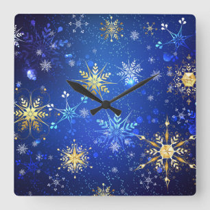 Reloj Cuadrado Fondo azul XMAS con copos de nieve dorados
