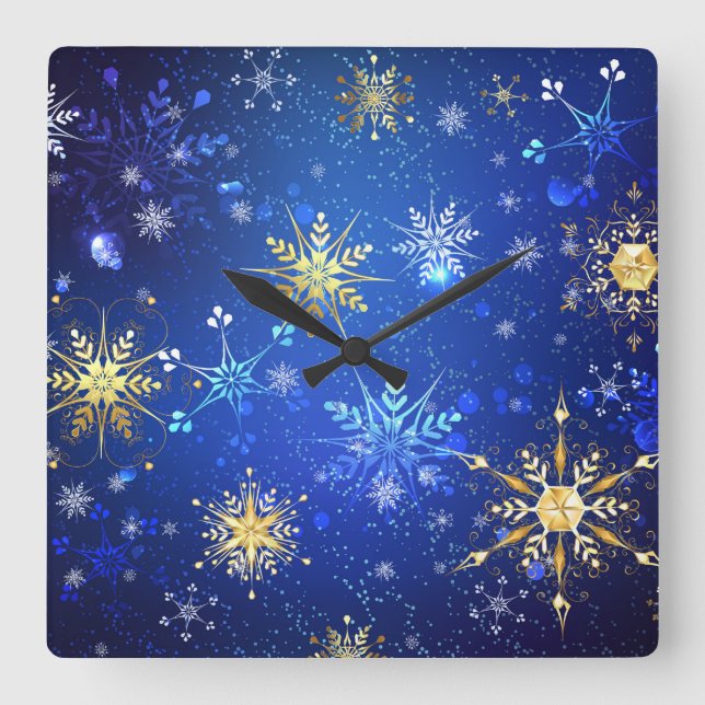 Reloj Cuadrado Fondo azul XMAS con copos de nieve dorados (Anverso)