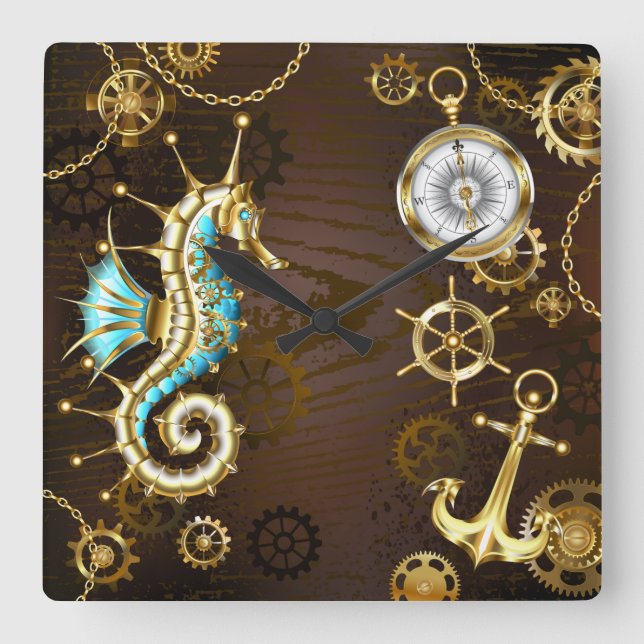 Reloj Cuadrado Fondo de madera con caballito de mar mecánico (Anverso)