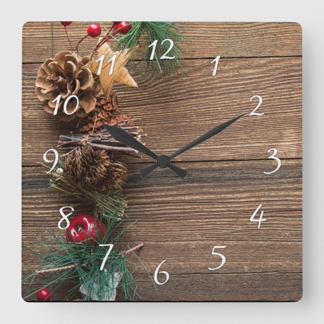 Reloj Cuadrado fondo de madera con conos de pino (Anverso)