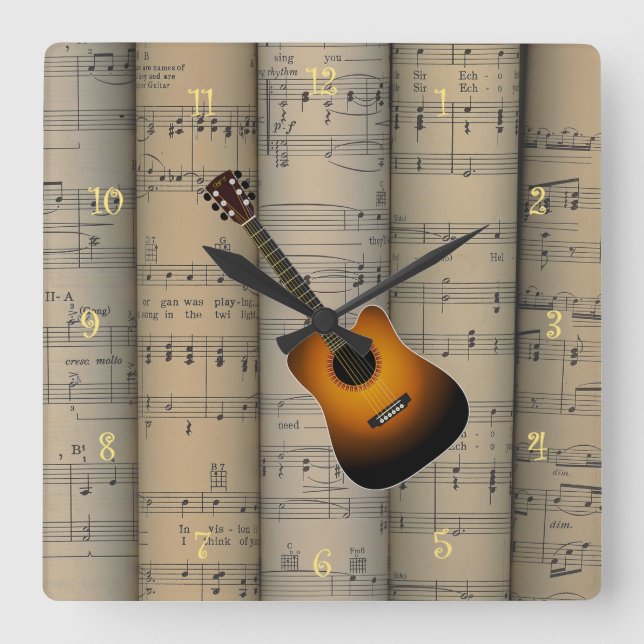Reloj Cuadrado Fondo rodado ~ de la partitura de la guitarra (Anverso)