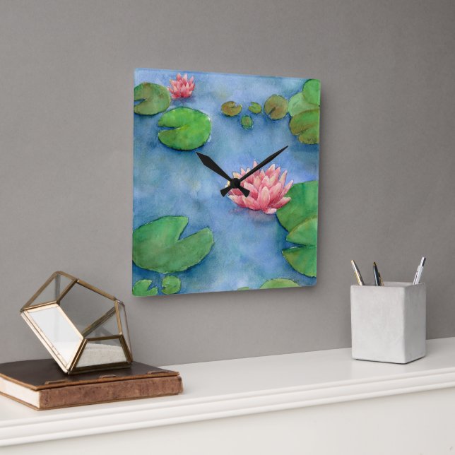 Reloj Cuadrado Fôr de Lotus Aguarela (Oficina)