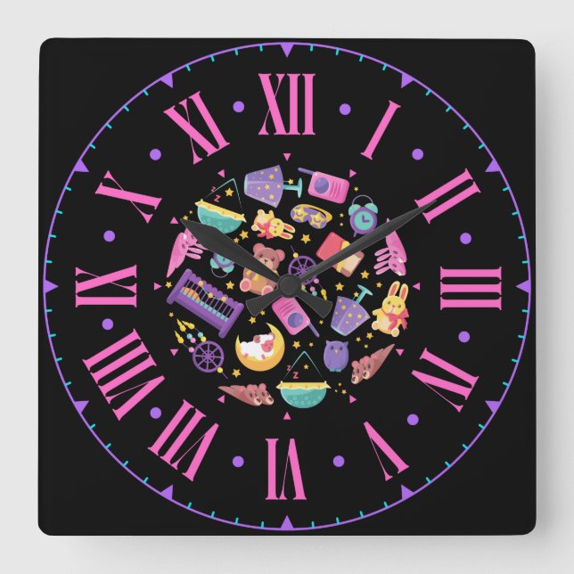 Reloj Cuadrado Formas para bebés y números romanos de iconos (Anverso)