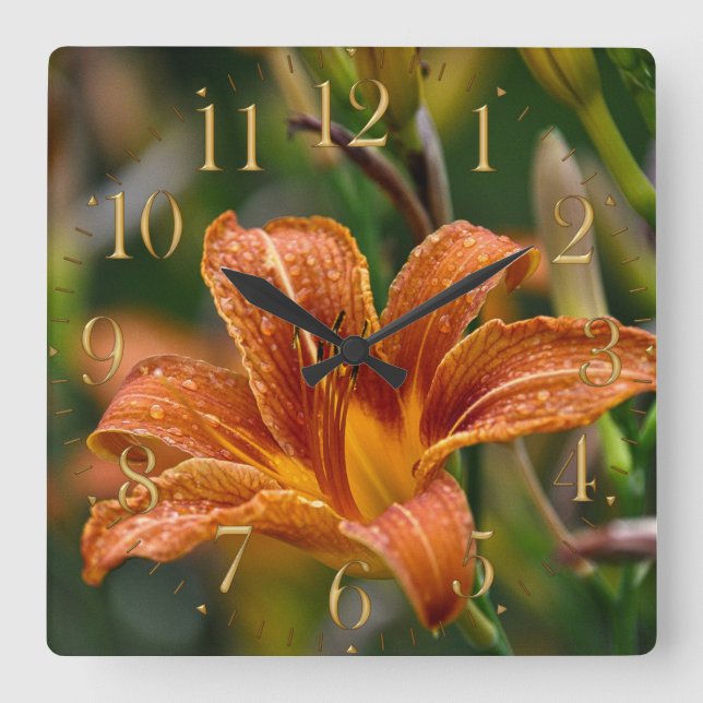 Reloj Cuadrado Foto anaranjada del Daylily y de la flor de las (Anverso)