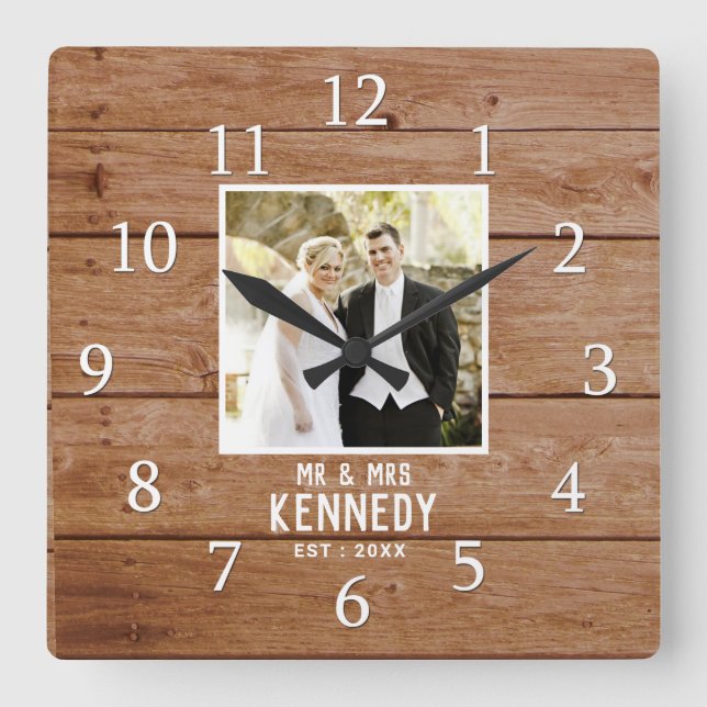 Reloj Cuadrado Foto Boda Aniversario de la Madera Personalizada (Anverso)