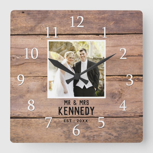 Reloj Cuadrado Foto Boda personalizada Aniversario de la Madera R (Anverso)