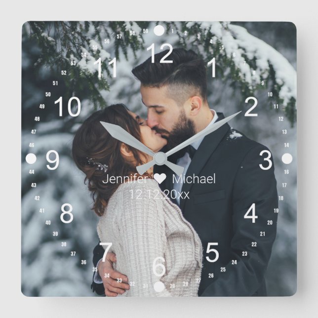 Reloj Cuadrado foto de boda elegante números clásicos blancos (Anverso)