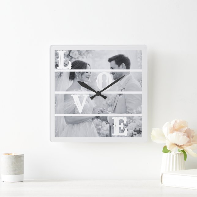 Reloj Cuadrado Foto de boda personalizada "AMOR" (Hogar)