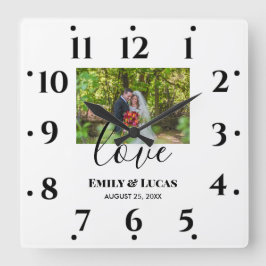 Reloj Cuadrado Foto de boda personalizada Caligrafía simple elega
