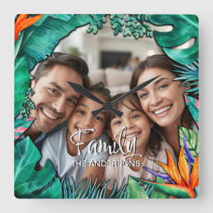 Reloj Cuadrado Foto de familia personalizada Nombre Tropical Aqua