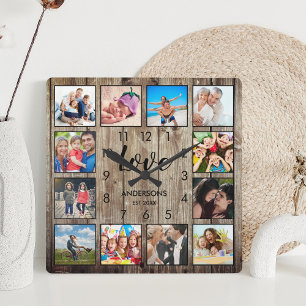 Reloj Cuadrado Foto de familia personalizado Rústica de Farmhous
