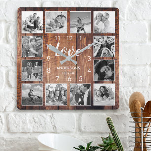 Reloj Cuadrado Foto de familia personalizado Rústica de Farmhouse