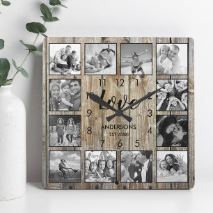 Reloj Cuadrado Foto de familia personalizado Rústica de Farmhouse
