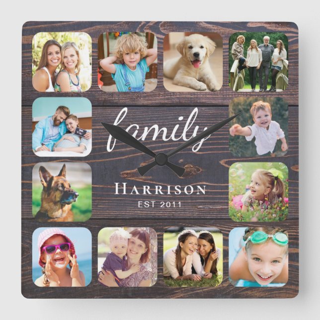 Reloj Cuadrado Foto de familia Rustic Wood personalizada (Anverso)