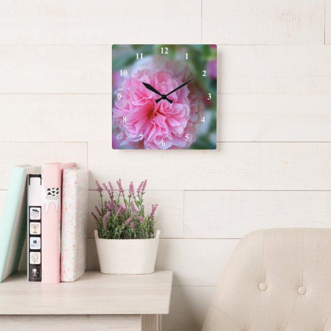 Reloj Cuadrado Foto de flor rosa de Hollyhock (Sala de lectura)
