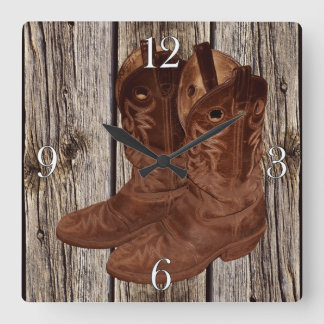 Reloj Cuadrado Foto de los boots rústicos, de madera y vaqueros