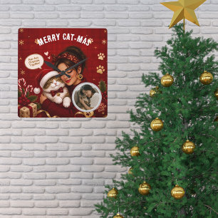 Reloj Cuadrado Foto de Navidad Carmesí Feliz y Linda de Cat-Mas