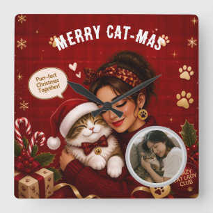 Reloj Cuadrado Foto de Navidad Carmesí Feliz y Linda de Cat-Mas