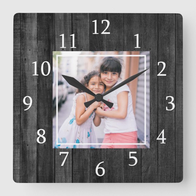 Reloj Cuadrado Foto de Personalizado Rustic Black Pallet Wood (Anverso)