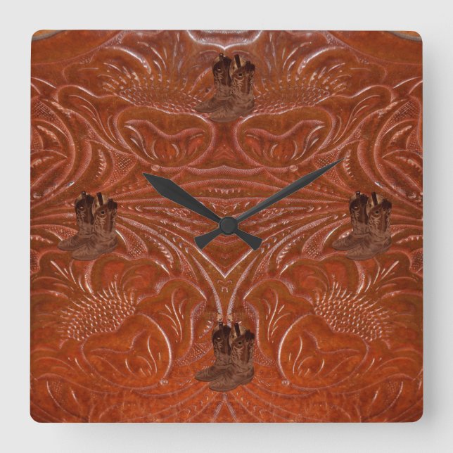 Reloj Cuadrado Foto de Rustic Tooled Leather-Look & Cowboy Boots (Anverso)