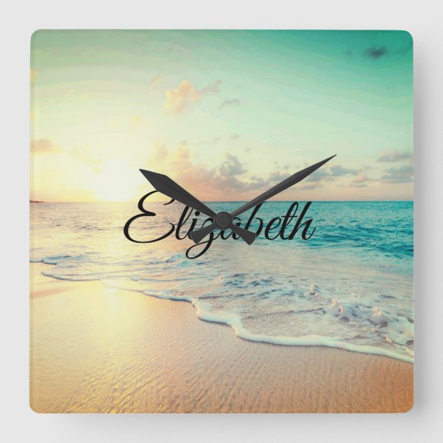 Reloj Cuadrado Foto de una playa en Sunrise Lumbar Pillow (Anverso)