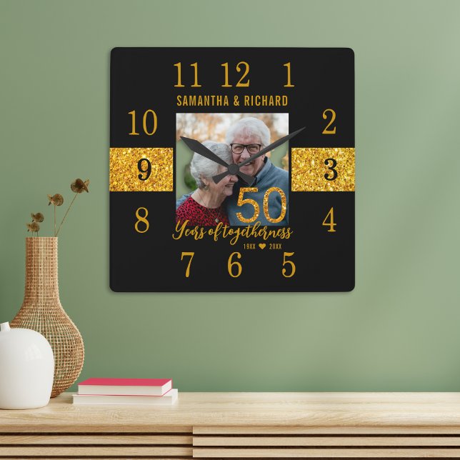Reloj Cuadrado Foto del 50 aniversario del Boda Purpurina de Oro  (Black Gold Glitter 50th Wedding Anniversary Photo Square Wall Clock)